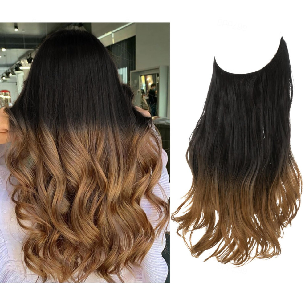 Unisex Black Invisible Wire Long Wavy Hair Extensions HeatâResistant Synthetic Hairpiece 22Inch Adjustable Fit