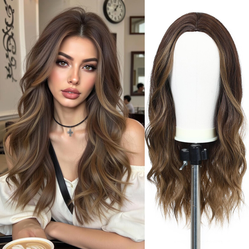 Unisex Brown Long Wavy Ombre Wig For Women With Natural Hairline Heat Resistant Synthetic Fiber