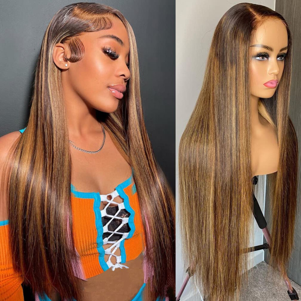Honey Blonde Highlight Lace Front Wig Human Hair 13x4 Glueless Ombre Brown Straight 150% Density Pre Plucked for Black Women