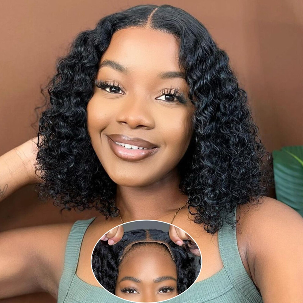 Unisex Glueless Curly Bob Human Hair Wig 4X4 Lace Closure Pre Plucked Pre Cut Hd Lace 150% Density