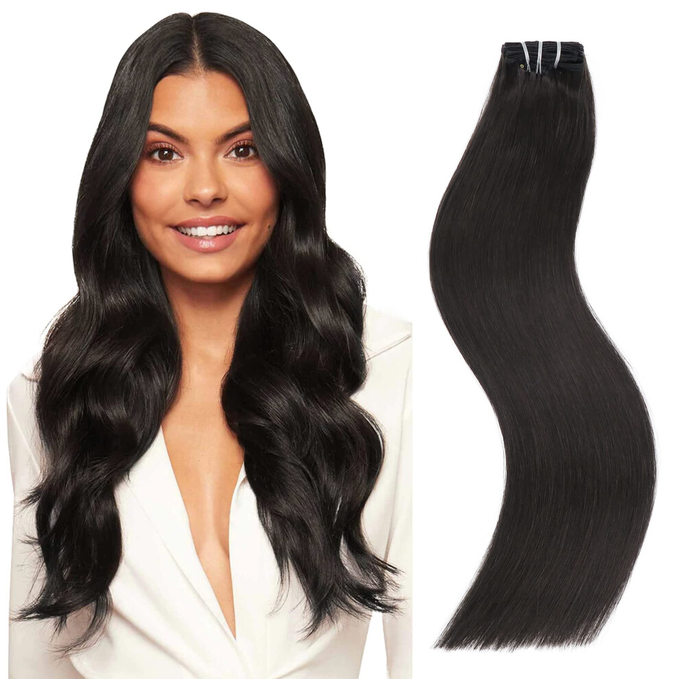 Unisex Black 20 Inch Clip In Remy Human Hair Extensions Natural Double Weft 7Pcs For Volume And Length