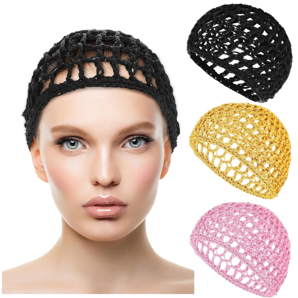 Black/Pink/Yellow Nogis 3 Pieces Mesh Crochet Hair Net Rayon Knit Snood Hat Thick Short Women Hairnet Snoods Cover Ornament For Sleeping (, Yellow)