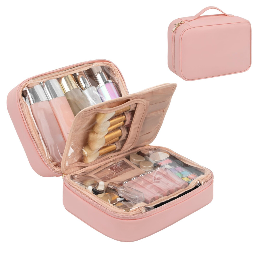 Pink Large Makeup Travel Bag With Brush Compartment, Waterproof Pu Leather Cosmetic Organizer