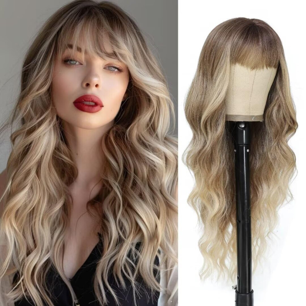 Unisex Dark Blonde Wig With Bangs Long Wavy Heat Resistant Synthetic Glueless None Lace 26 Inch Root Wig For Women