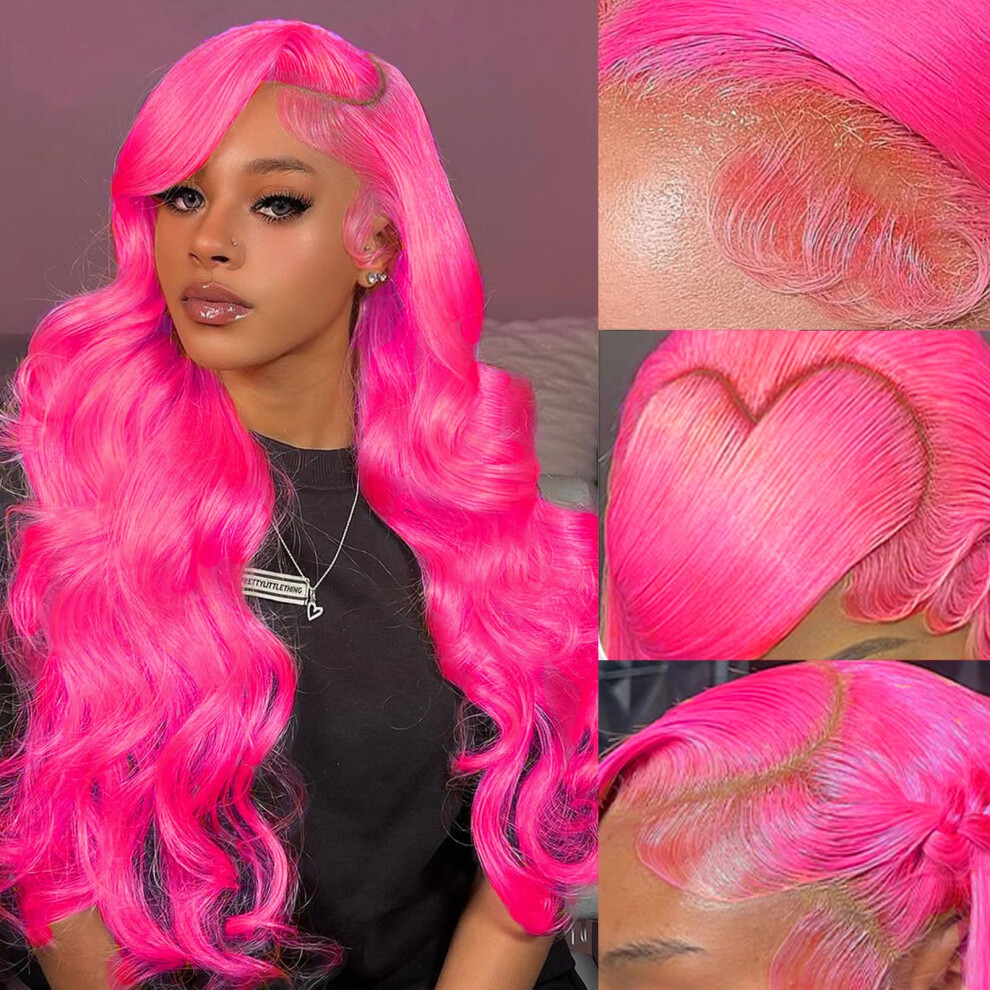Unisex Pink 24 Inch Human Hair Lace Front Wig Hd Lace Body Wave Pre Plucked Baby Hair Invisible Hairline