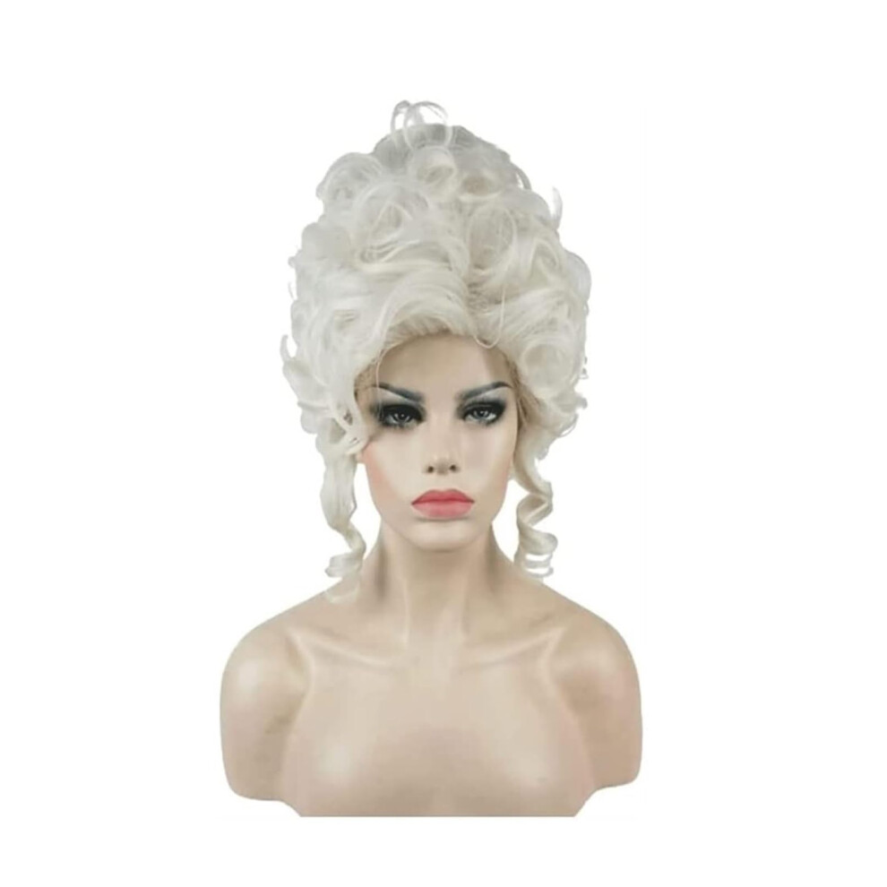 Unisex White Women's 18Th Century Curly Cosplay Wig With Cap, Realistic Texture, Comfortable Fit For Halloween Queen Costume