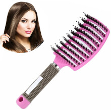 Detangling Brush with Curved Vented Boar Bristles for Wet and Dry Hair Blow Drying Pink