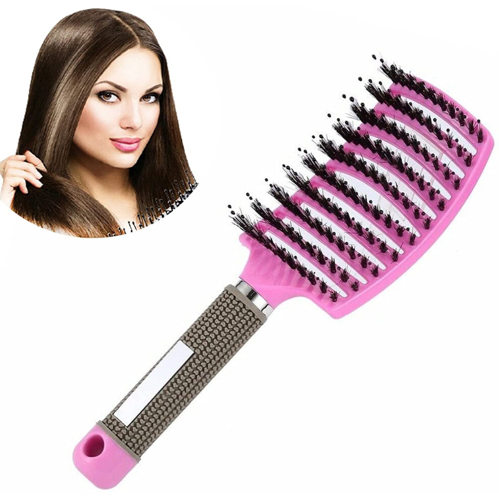 Pink Detangling Brush With Curved Vented Boar Bristles For Wet And Dry Hair Blow Drying