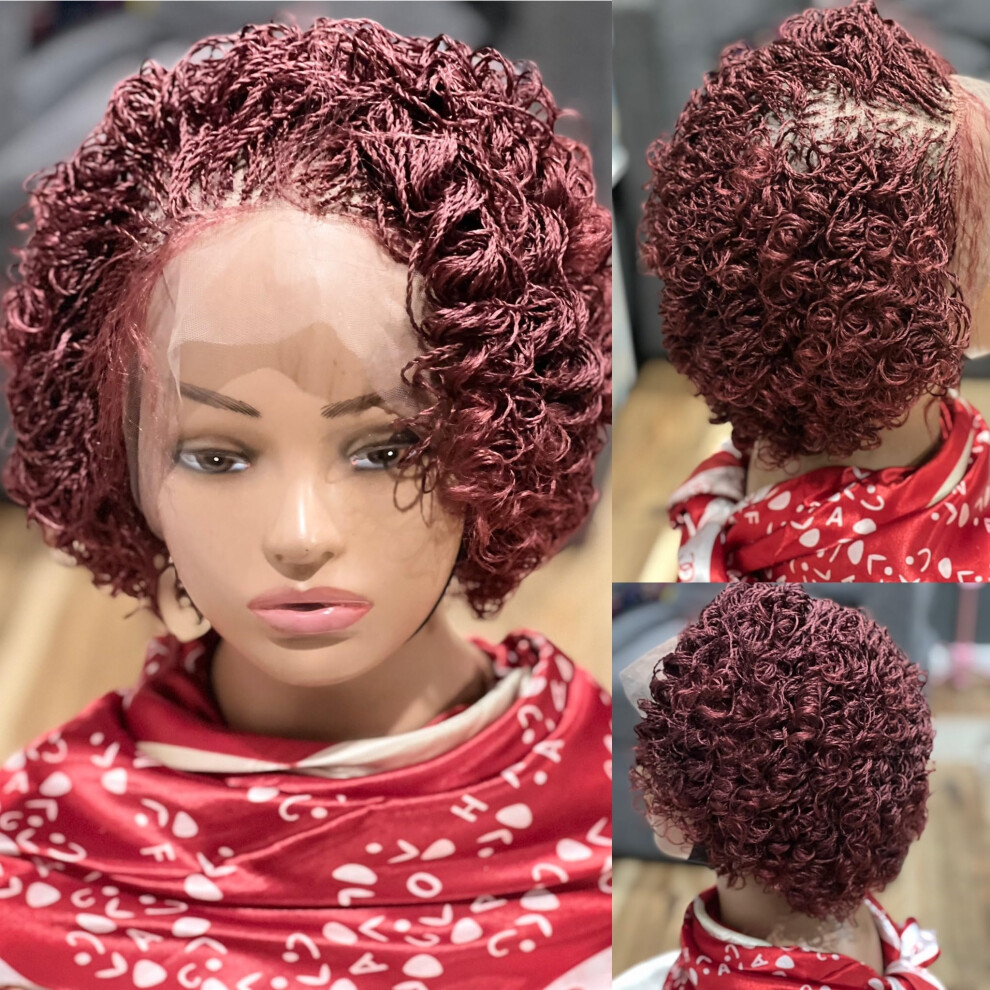 Burgundy Braided Wig for Black Women Handmade Micro Twist Curly Style Ready to Wear Synthetic