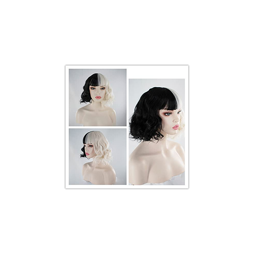 Black and White Short Curly Synthetic Hair Wig with Bangs, Natural Texture, Breathable Cap