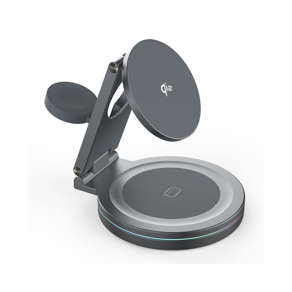 3 In 1 Magnetic Wireless Charging Station For Iphone, Apple Watch And Airpods, 15W Fast Charger Dock, 360 Rotating Foldable Qi2 Stand Gray 9164114078834