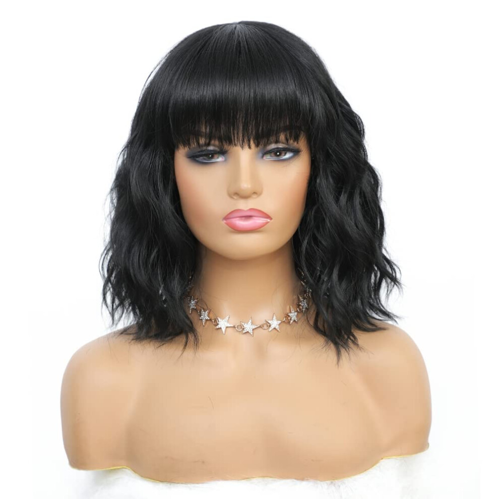 Unisex Short Wavy Bob Wig For Women Heat Resistant Synthetic Wig With Bangs Natural Looking Hair