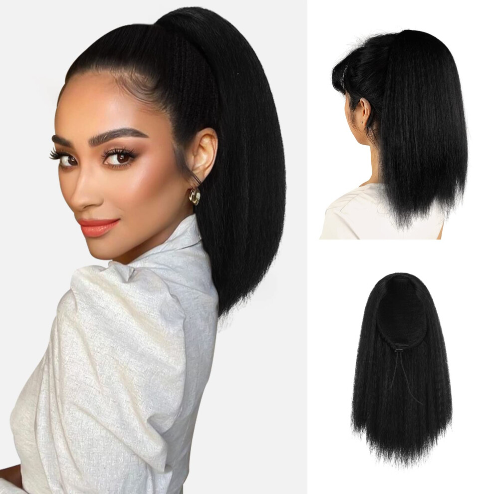 Unisex Black 16 Inch Yaki Straight Drawstring Ponytail Extension For Women 1B Natural Hairpiece