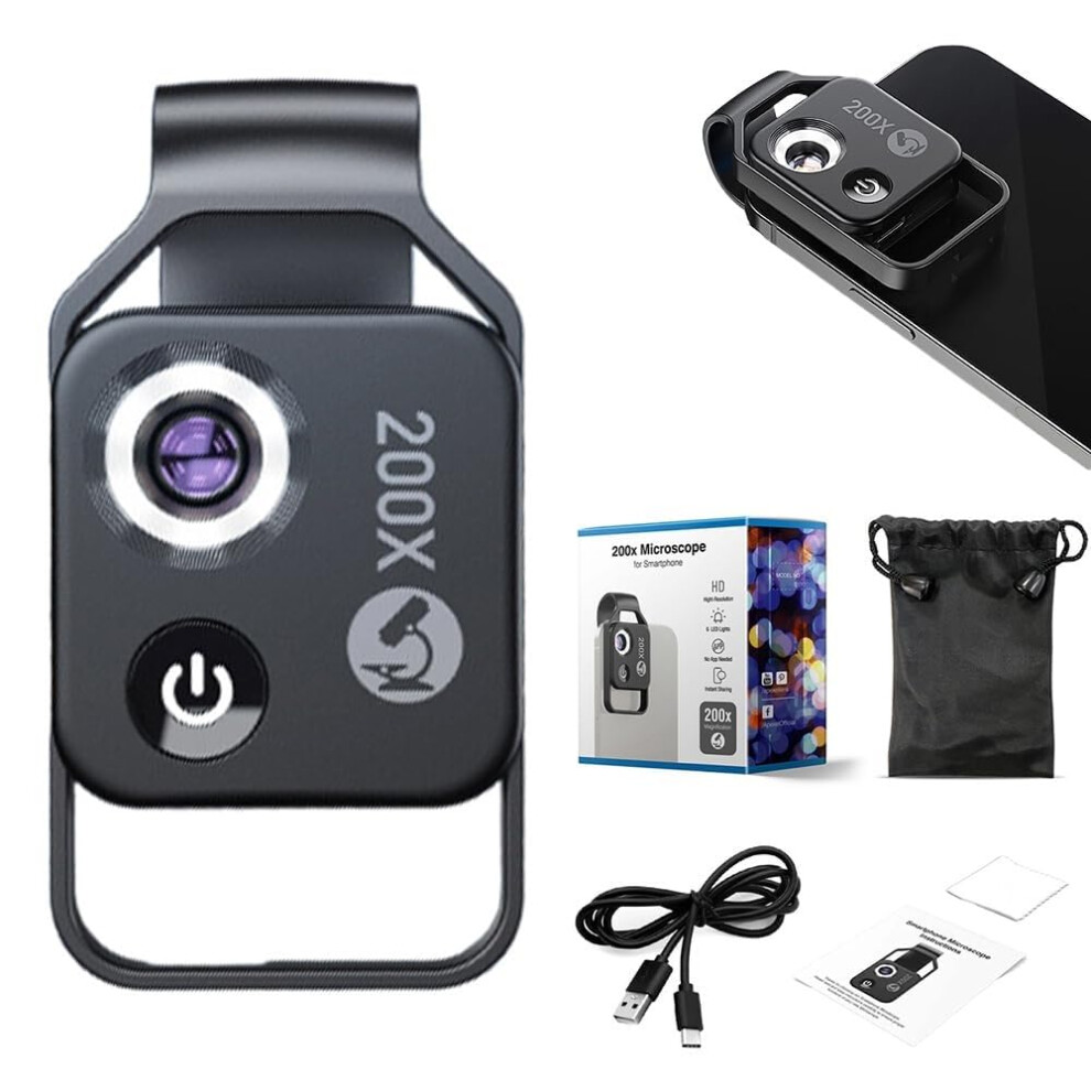 200X Smartphone Microscope Lens With BuiltâIn Cpl Filter, Usb Rechargeable 3 In 1 Hd Phone Zoom Lens Attachment Black 9164114080202