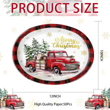 50 PCS Christmas Truck Oval Plates 10"x12" Heavy Duty 400 GSM, Buffalo Plaid Truck Tree Design, Disposable Xmas Party Plates Compatible with Merry