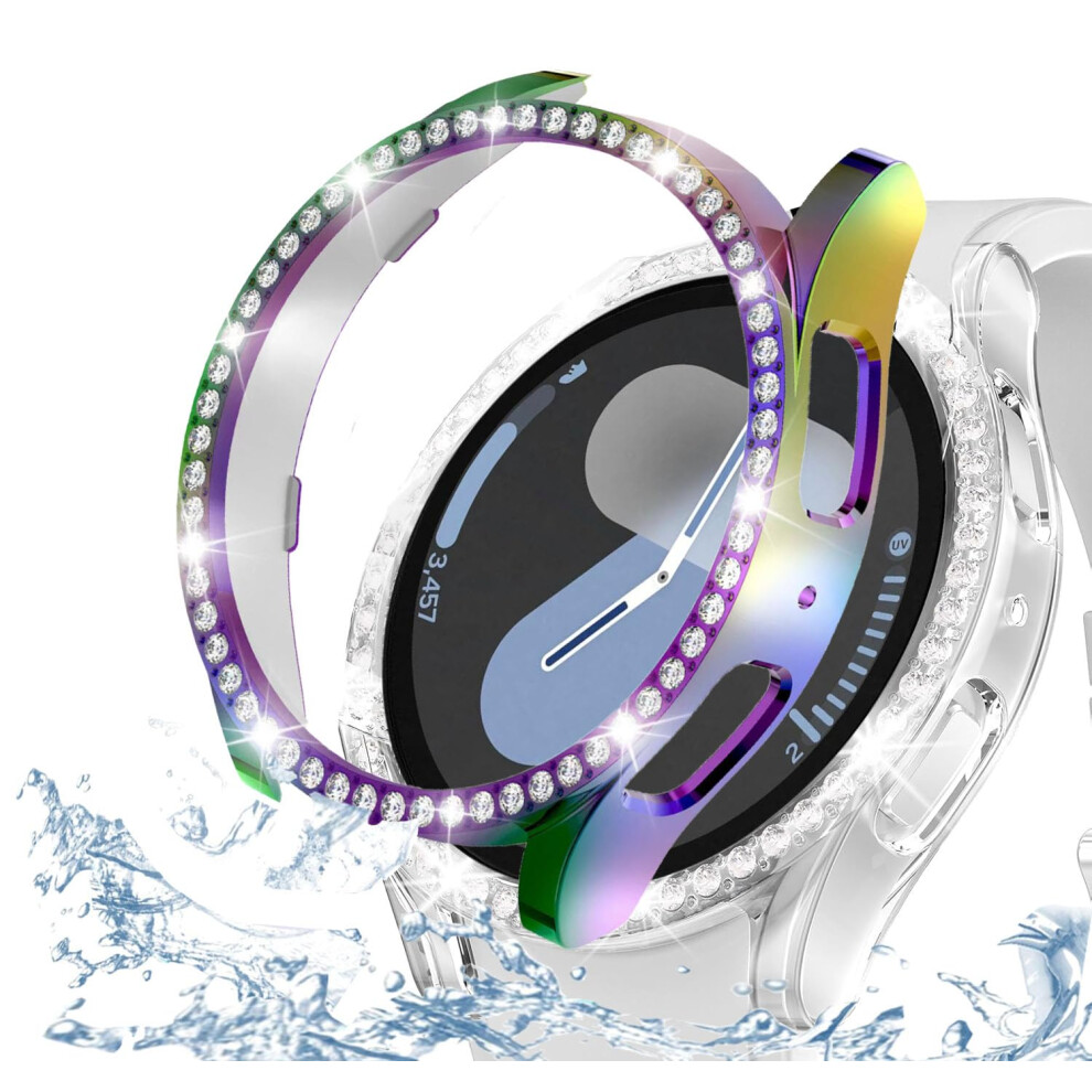 2Pack Rhinestone Case, Bling Pc Protective Cover Bumper For Samsung Galaxy Watch 7 44Mm Rainbow And Transparent 9365369344358
