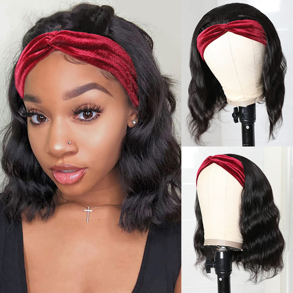 Unisex Headband Wig Brazilian Virgin Hair 14 Inch Body Wave Bob Glueless Natural Hairline Beginner Friendly