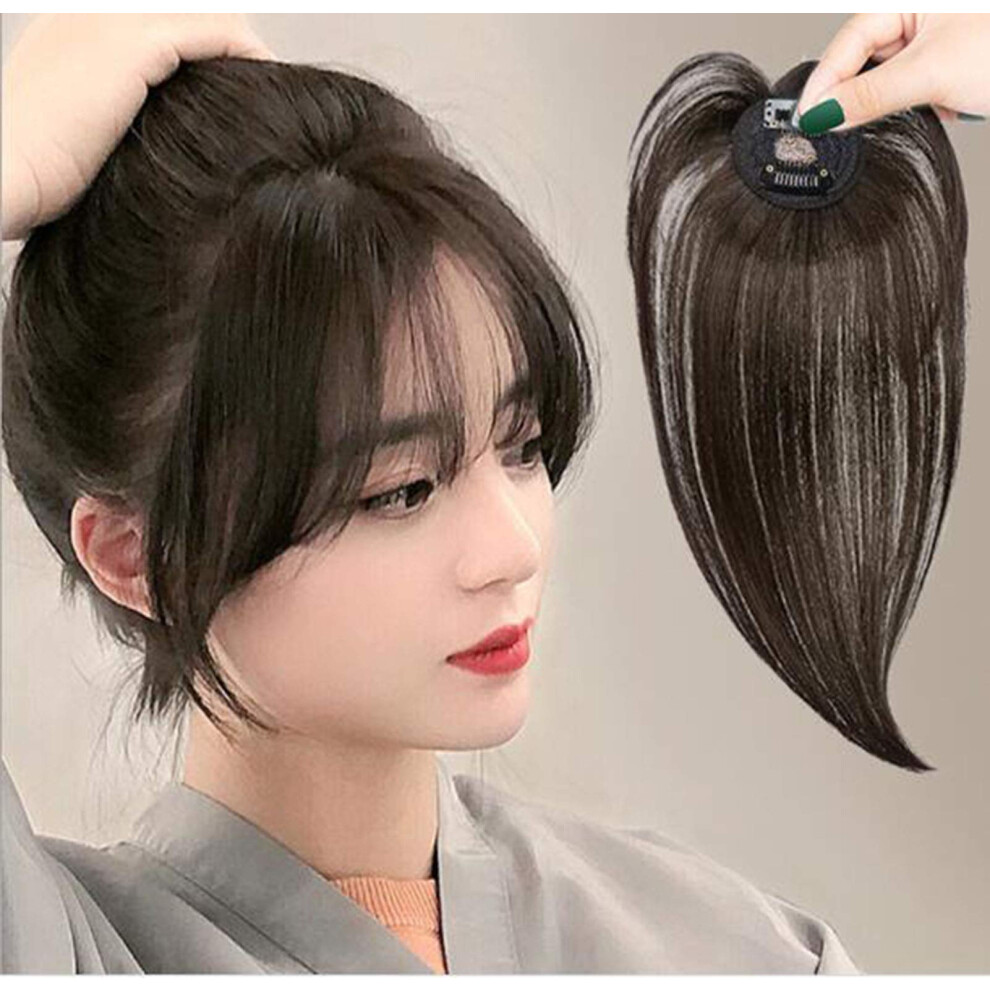 Unisex Brown Hair Topper With Clip In Bangs For Thinning Hair, Synthetic Dark 10 Inch Lightweight Wiglet
