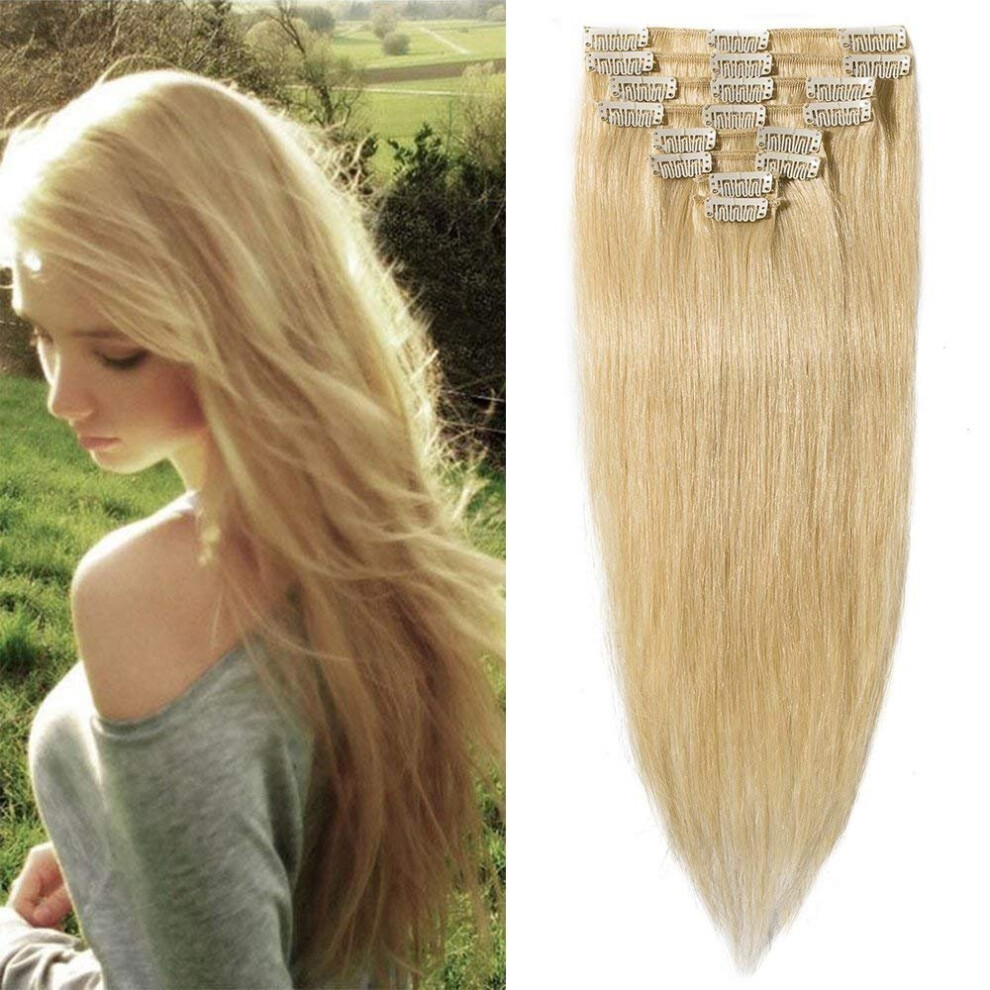 Unisex Remy Clip In Human Hair Extensions Thin Weft 8Pcs Full Head Bleach Blonde 14 Inch