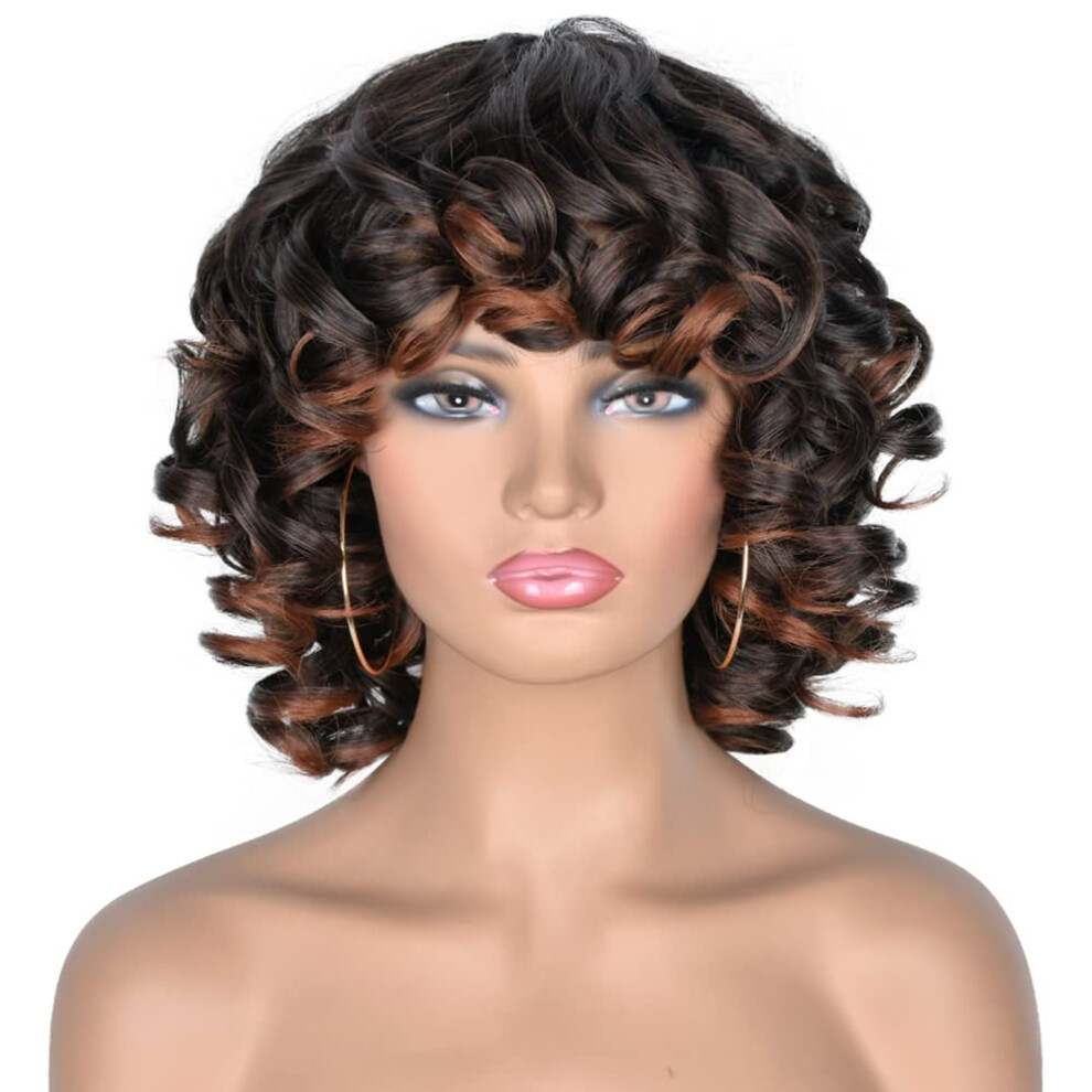 Unisex Brown Short Afro Curly Wig With Bangs Ombre Kinky Curls Heat Resistant Synthetic Hair 13 Inch