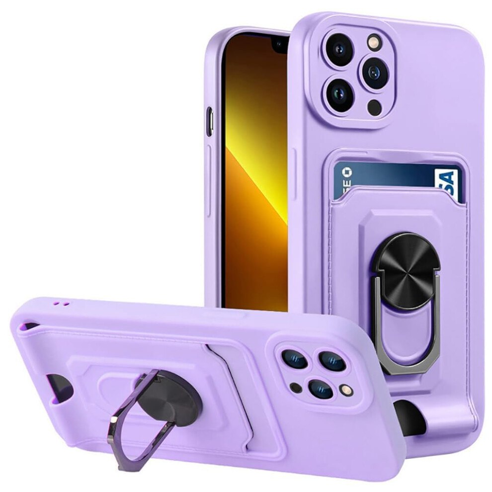 Case For Iphone 13 With Card Holder And Lanyard, Slim Shockproof Tpu Cover With Ring Stand Kickstand Purple 9365369345355