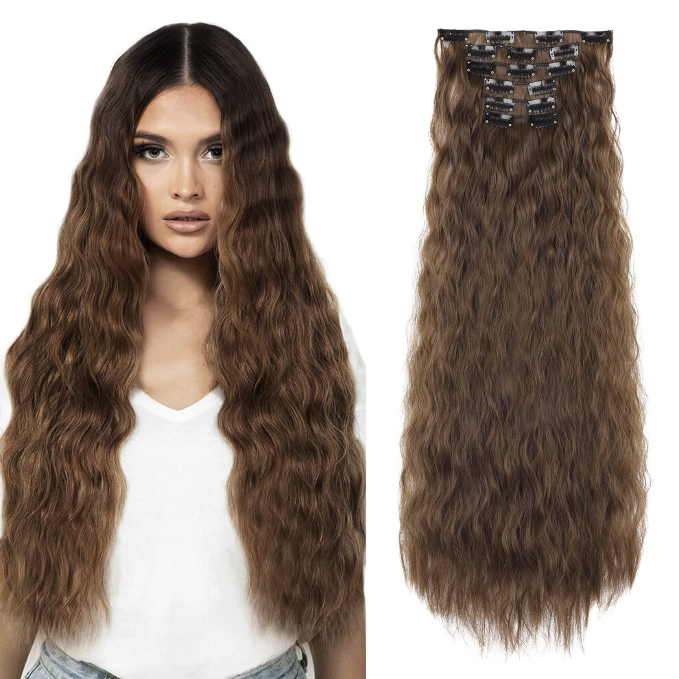 Unisex Brown 24 Inch Long Wavy Clip In Hair Extensions Balayage Chestnut Synthetic Double Weft Hairpieces