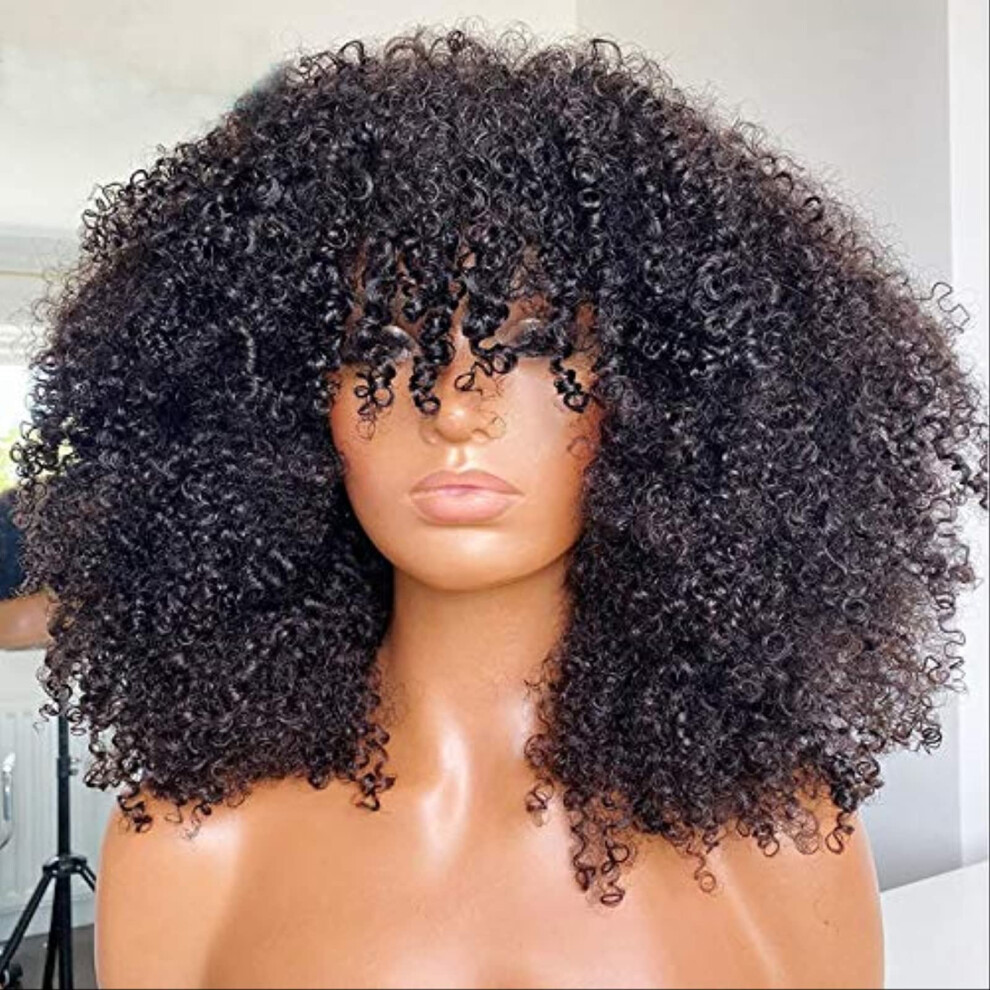 Unisex Afro Kinky Curly Wig With Bangs 16 Inch Virgin Brazilian Human Hair Natural Look Adjustable Fit