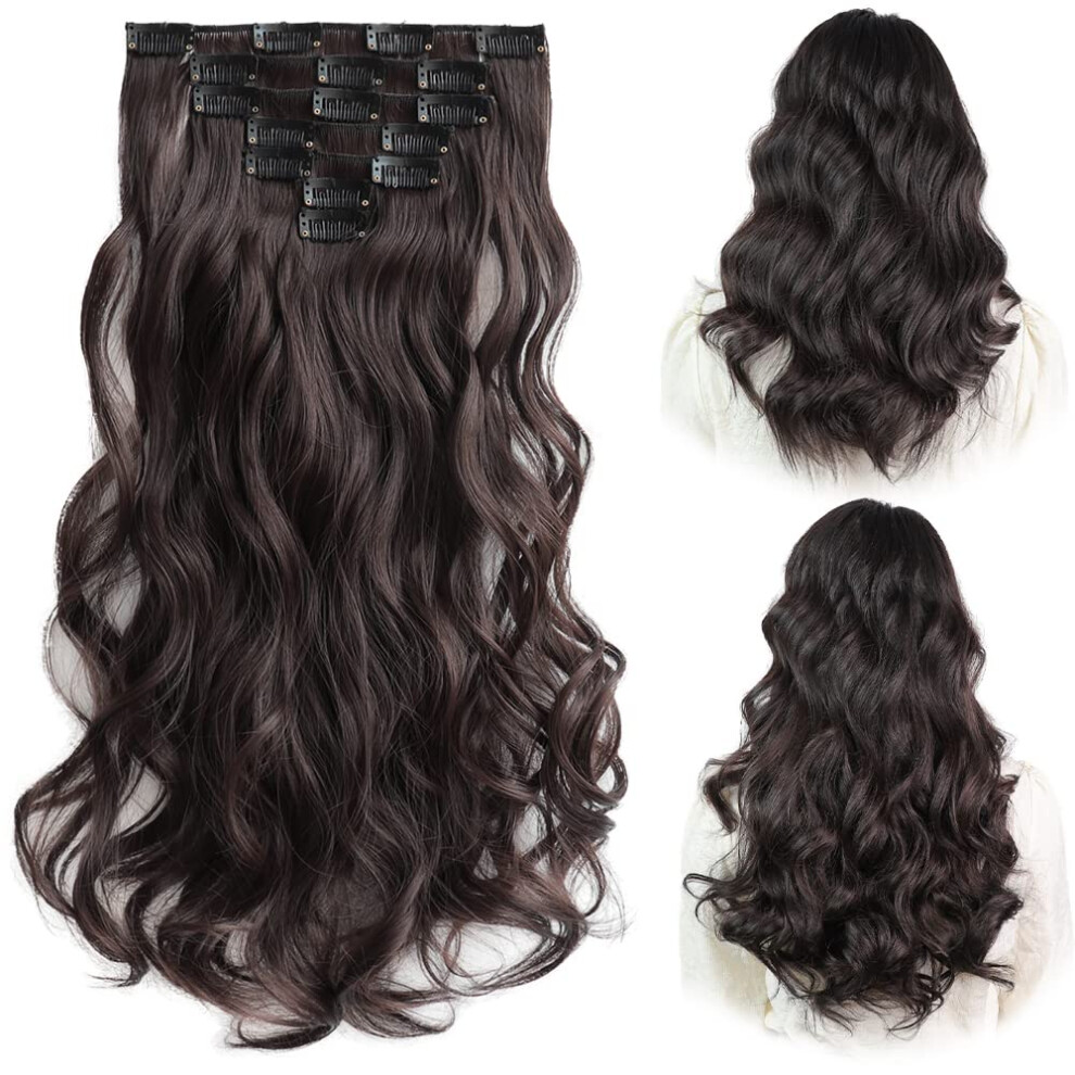 Unisex Brown 18 Inch Wavy Clip In Hair Extensions Darkest Synthetic For Women Instant Volume Boost
