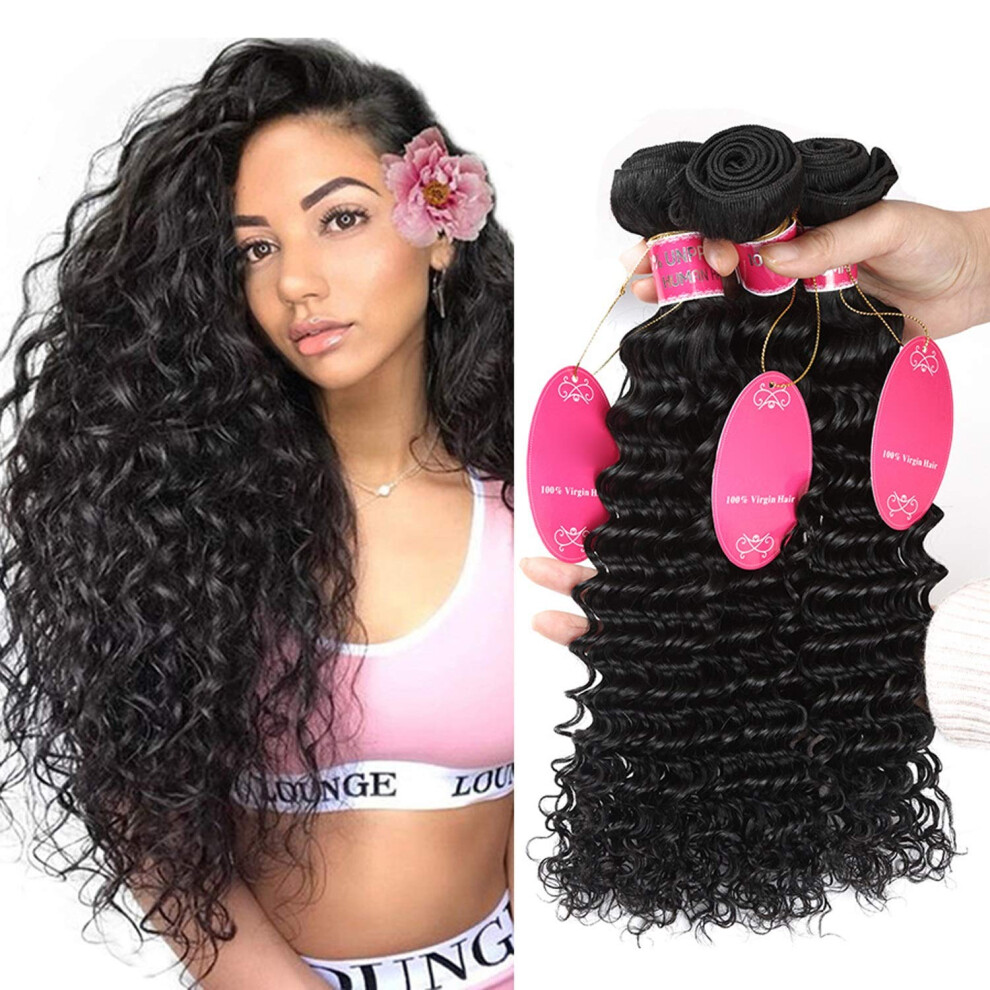 Human Hair Wig Natural Deep Wave Virgin Hair Bundles 8 Inch Natural Black Perm and Coloring Ready