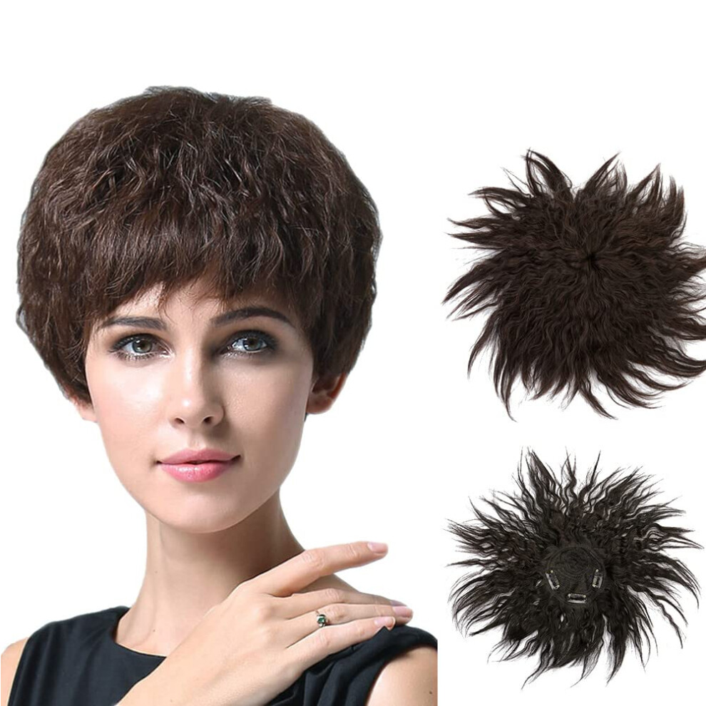 Unisex Brown Hair Topper With Curly Clip In Bangs For Thinning Hair, Instant Coverage Wiglet Dark