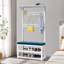 Coat Rack with Shoe Bench, Industrial Entryway Organizer Stand with Hooks and Shelves, White 100cm