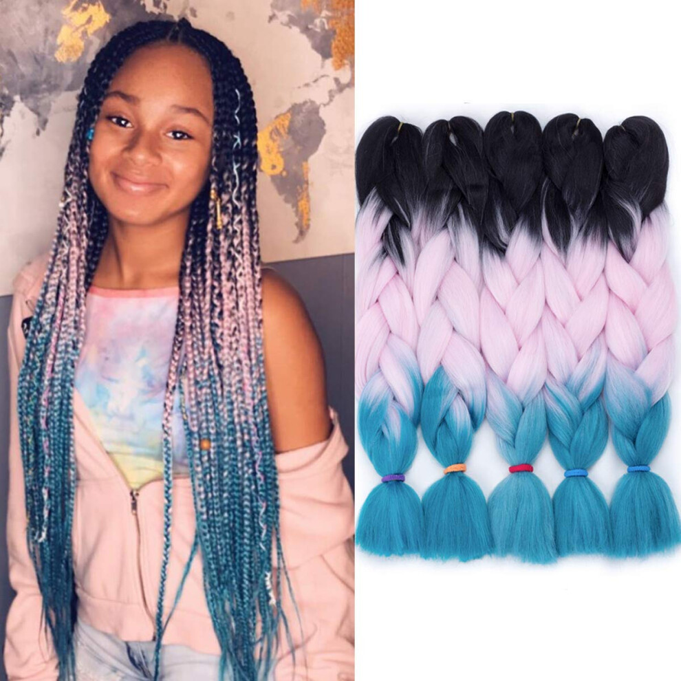 Ombre Jumbo Braiding Hair Extensions 5pcs 3 Tone Black Pink Peacock Green Crochet Braid
