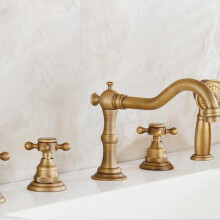 Antique Brass 5 Hole Deck Mount Bathtub Faucet Set with Handheld Shower for Bathroom (White)