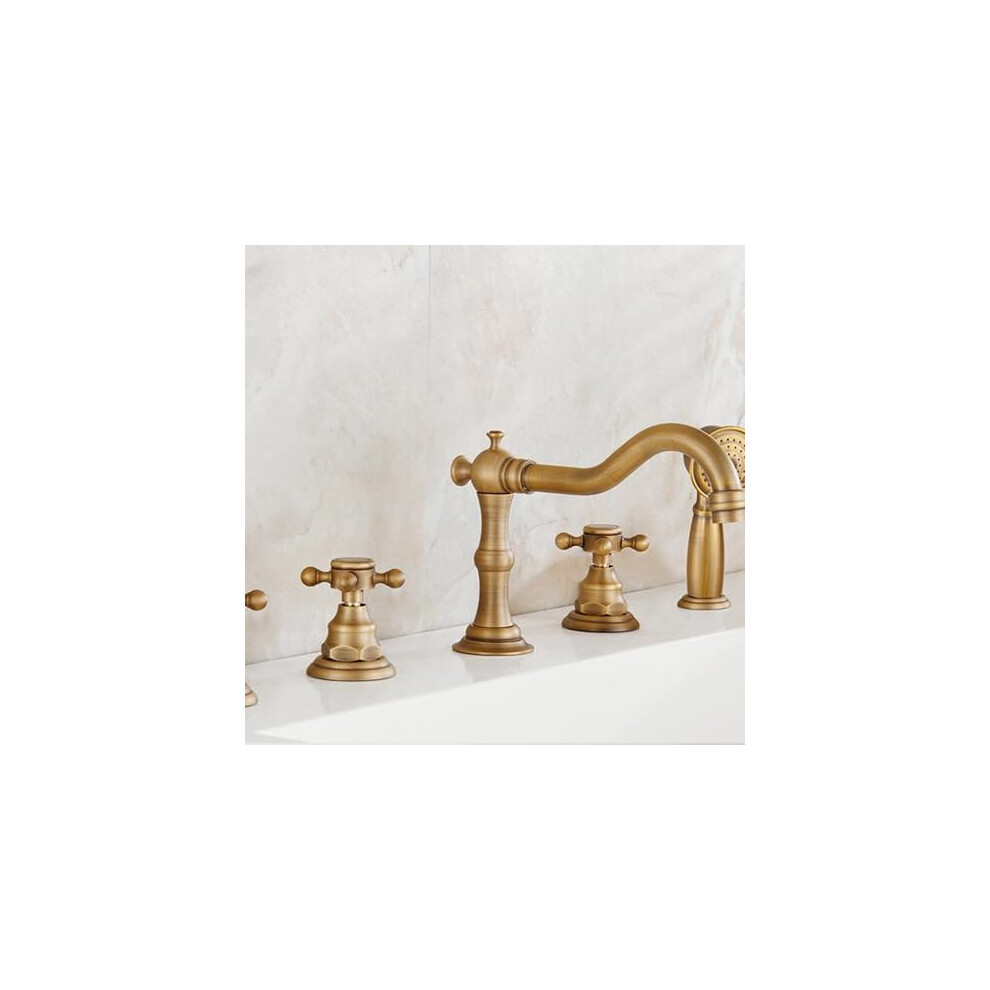Antique Brass 5 Hole Deck Mount Bathtub Faucet Set With Handheld Shower For Bathroom (White) 9174973380566