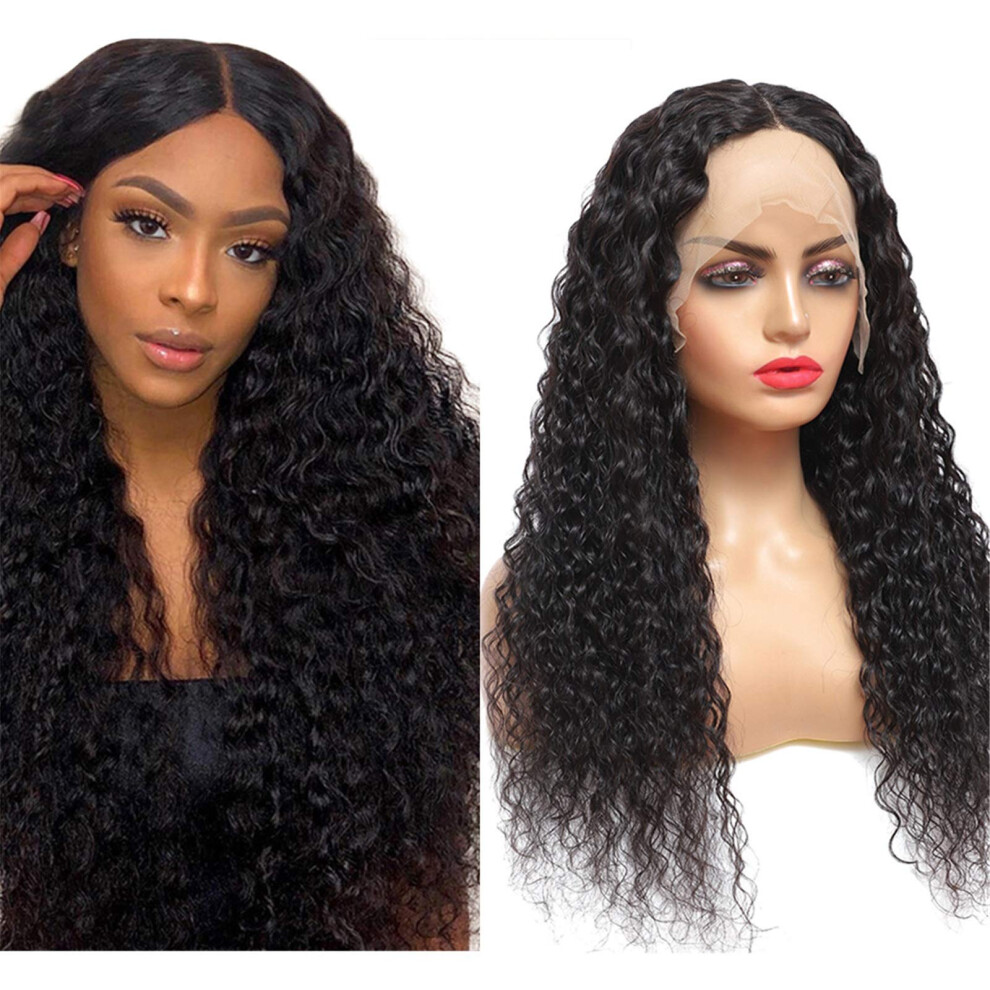 Lace Front Water Curly Virgin Human Hair T Part Wig 14 Inch Natural Black Perm Dye Ready