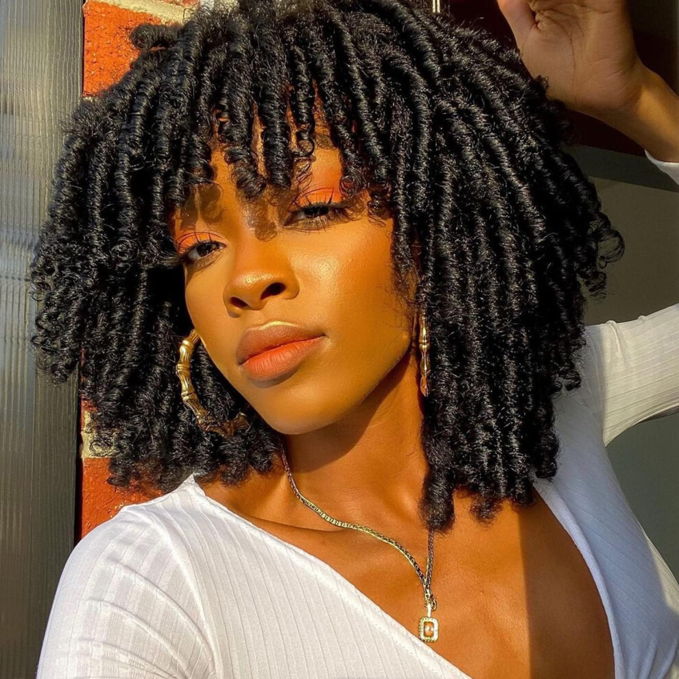 Unisex Black Short Afro Twist Faux Locs Wig Glueless Synthetic Dreadlock Style With Adjustable Straps 14'