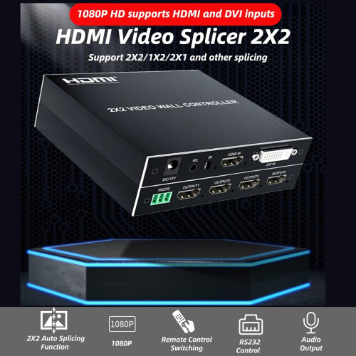 2x2 HDMI Video Wall Controller 4K, Ultra HD 4 Channel Processor with 180 Rotation and Remote Control 1