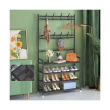 Metal Coat and Shoe Rack with Double Row Hooks, 4Tier SpaceSaving Entryway Organizer Black 80cm