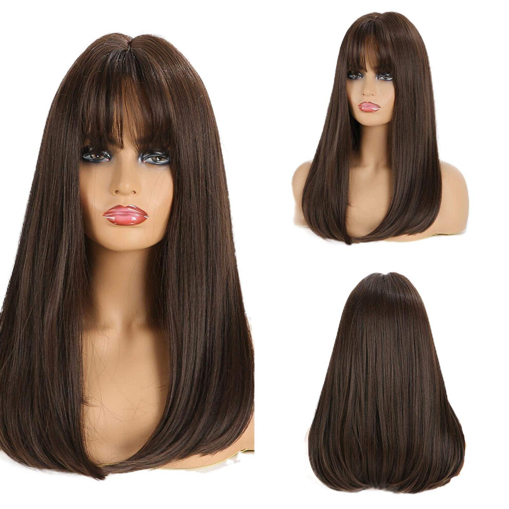 Unisex Black,Brown Long Straight Black Brown Synthetic Wig With Bangs For Women, Heat Resistant, Natural Look