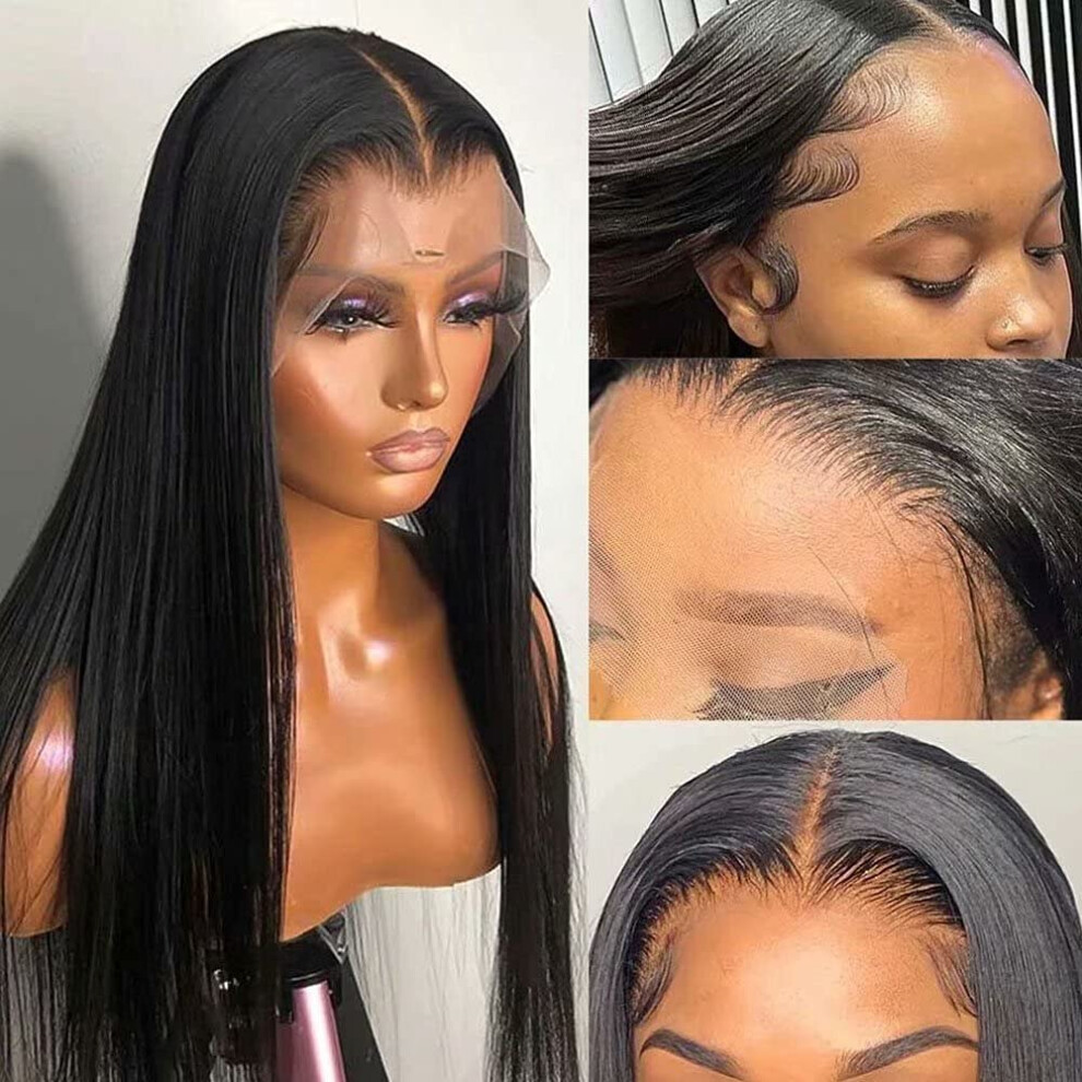 18 Inch Human Hair Lace Front Wig Glueless Transparent Pre Plucked Bleached Knots 180 Density