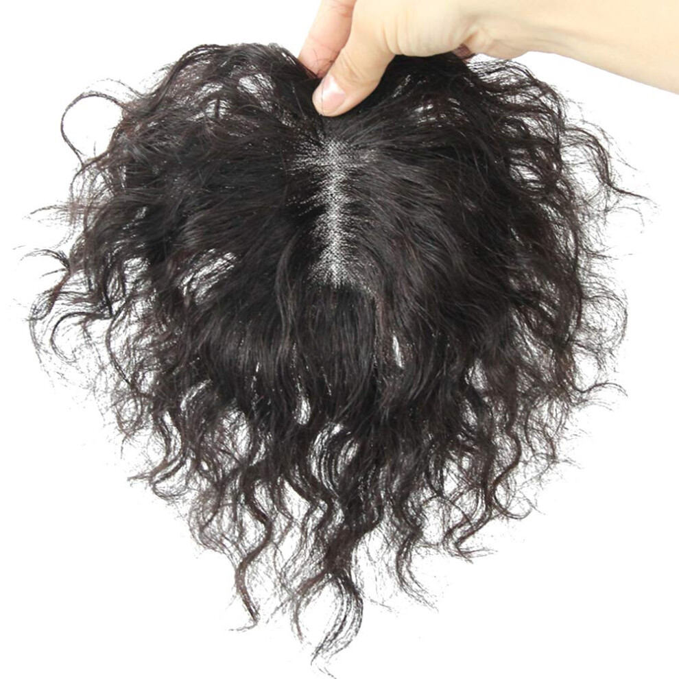 Unisex Black Human Hair Topper Clip In Wiglet 7X10cm Mono Base Middle Part 20Cm For Crown Volume