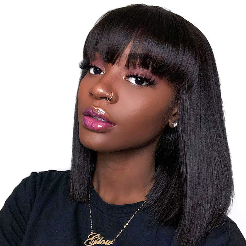 Bob Wig Human Hair Short with Bangs Brazilian Virgin Pre Plucked Natural Black 10 Inches