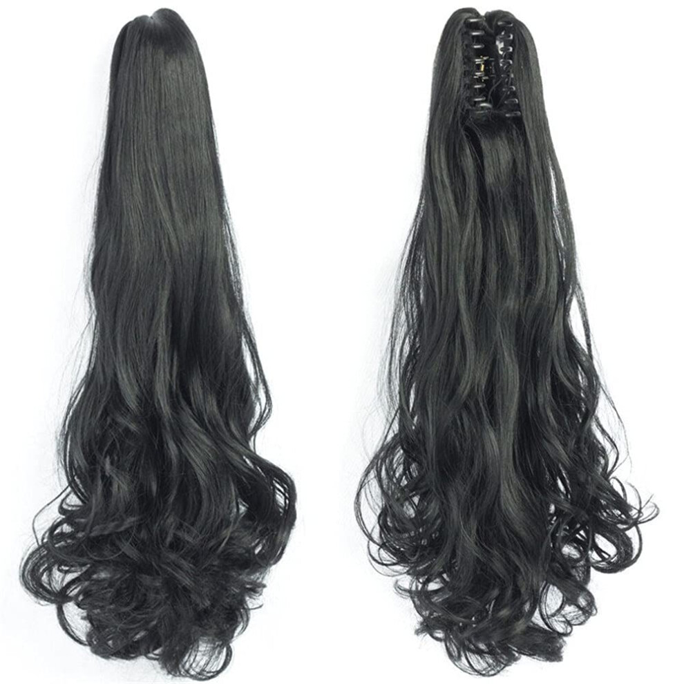 Unisex 22 Inch Wavy Clip In Ponytail Hair Extension Synthetic Claw Clip Natural Texture Pure Color 1B