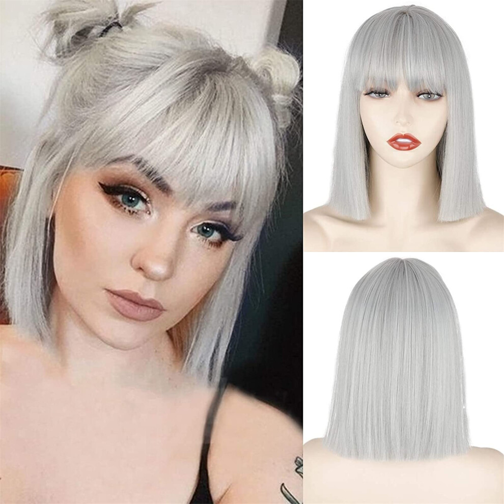Unisex Silver Short Gray Bob Wig With Bangs For Women, Heat Resistant Synthetic Natural Hairlike Texture
