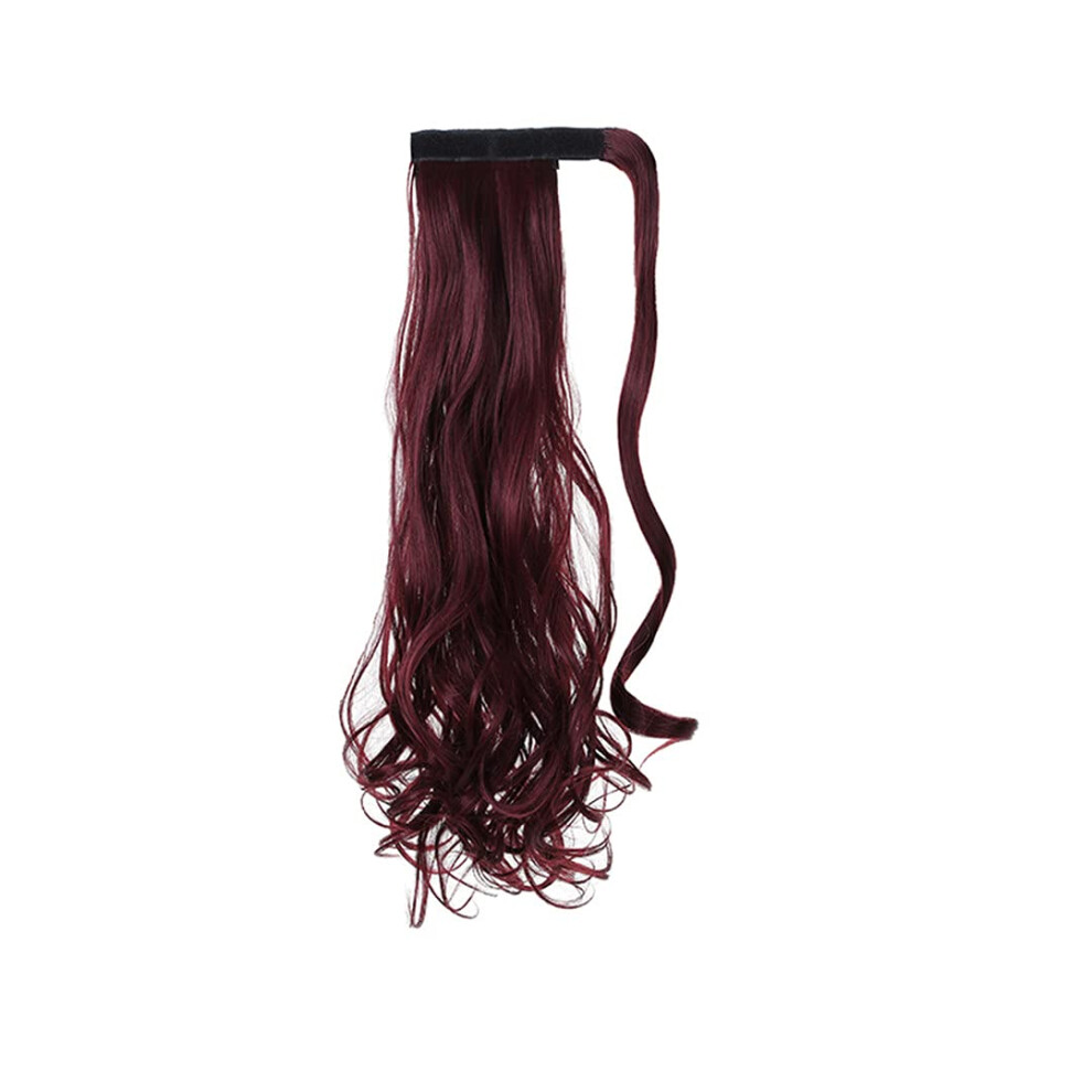 Unisex Red Wine Long Curly Clip In Ponytail Extension Heat Resistant Synthetic Hairpiece With Wraparound Design