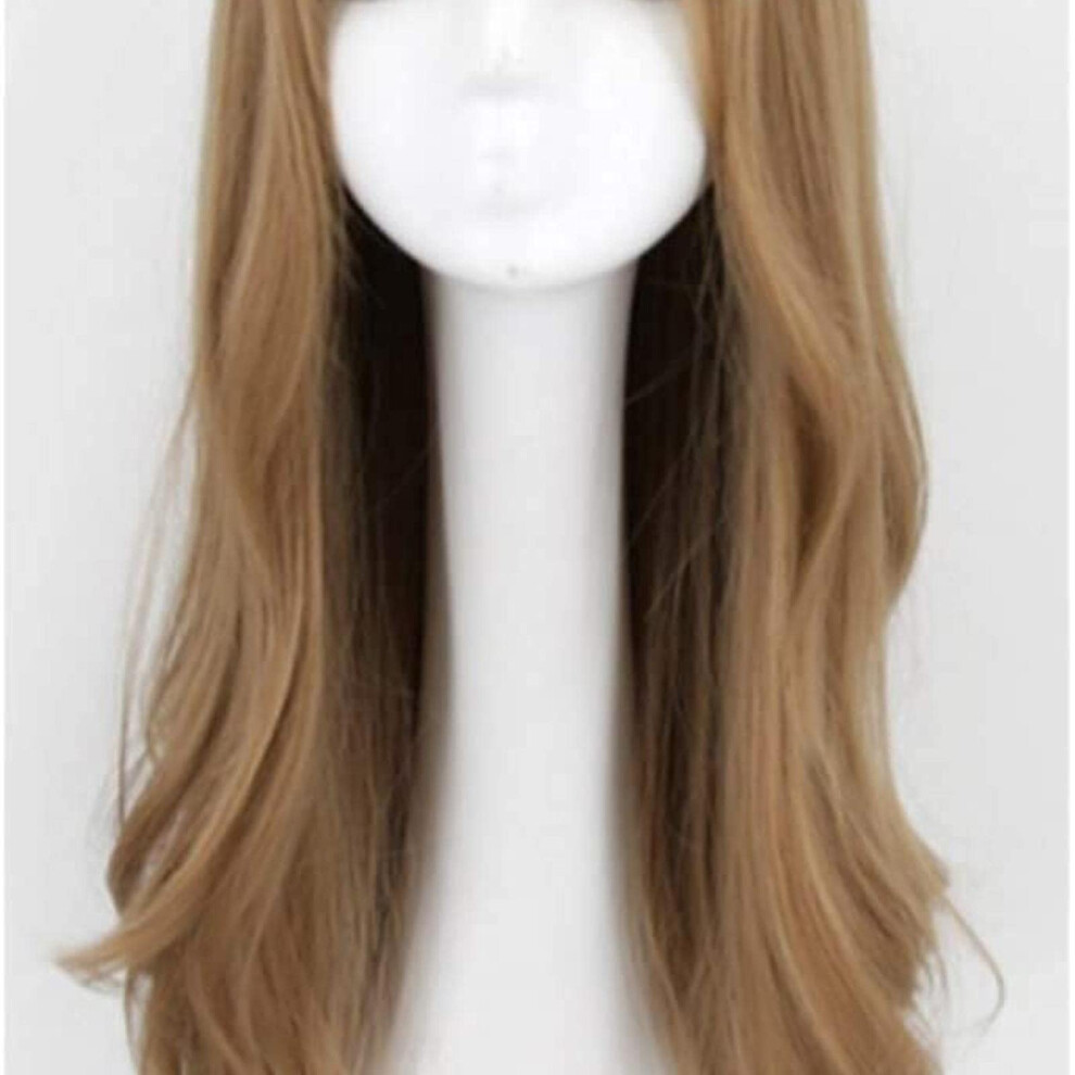 Unisex Golden Long Wavy Wig With Bangs, Synthetic Cosplay Wig For Women, Realistic Scalp Effect