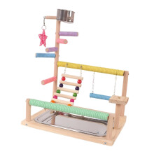 Parrot Play Stand with Dual Stainless Steel Cups, Wooden Bird Perch Gym for Macaws and Lovebirds