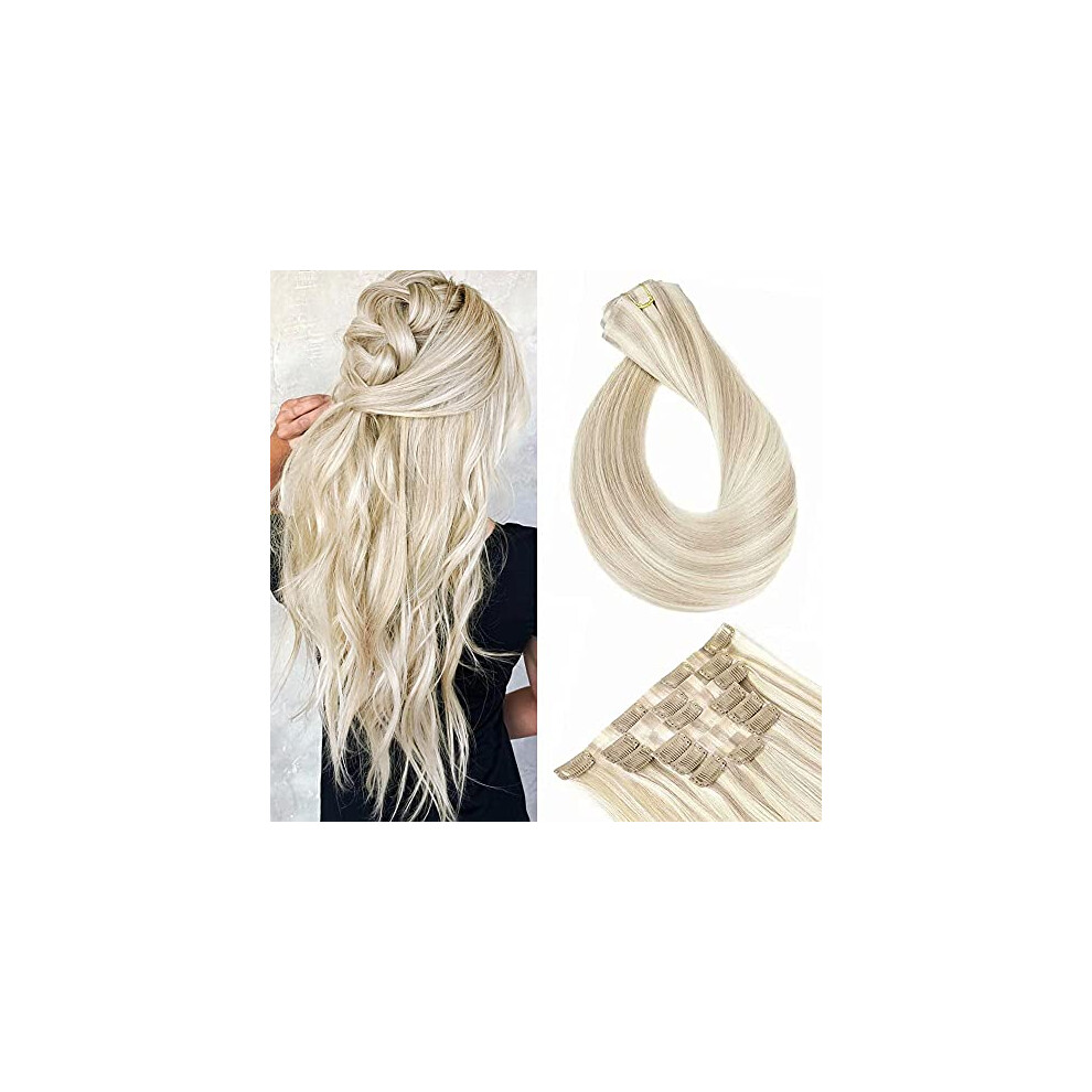 Unisex Seamless Clip In Remy Human Hair Extensions Bleach Blonde With Ash Highlights, 7Pcs 16Inch 110G