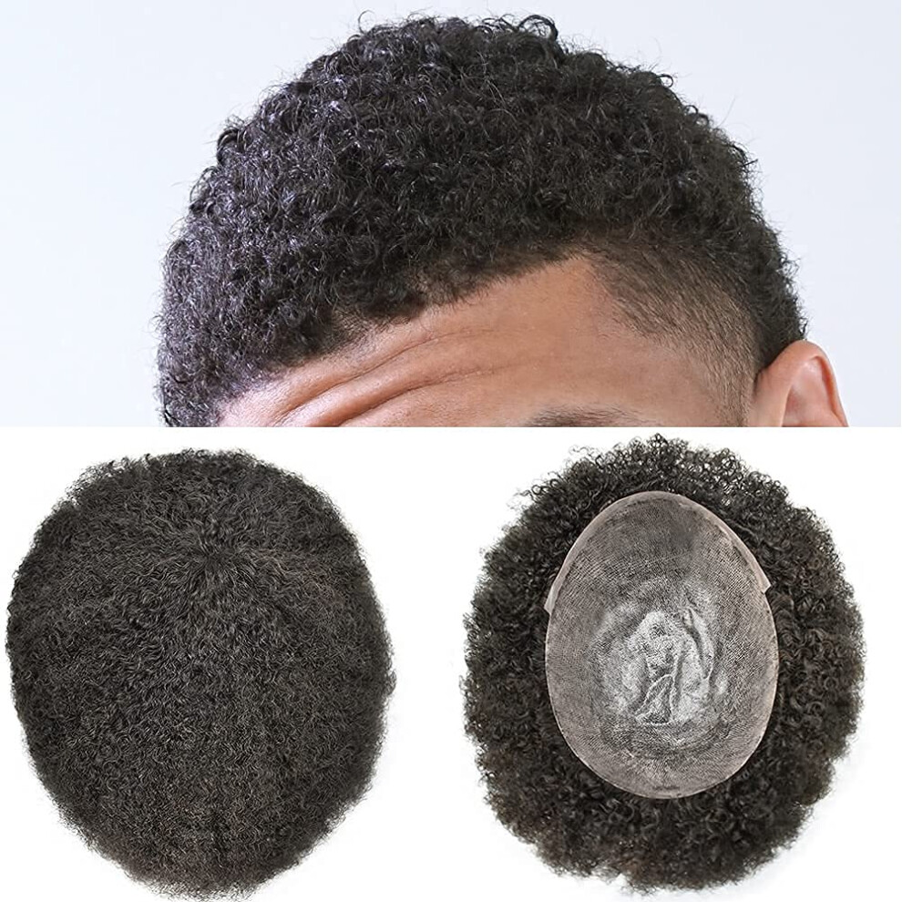 Unisex Black Afro Wig For Men 8X10 Poly Skin Toupee Natural 12Mm Curl Hair Replacement System