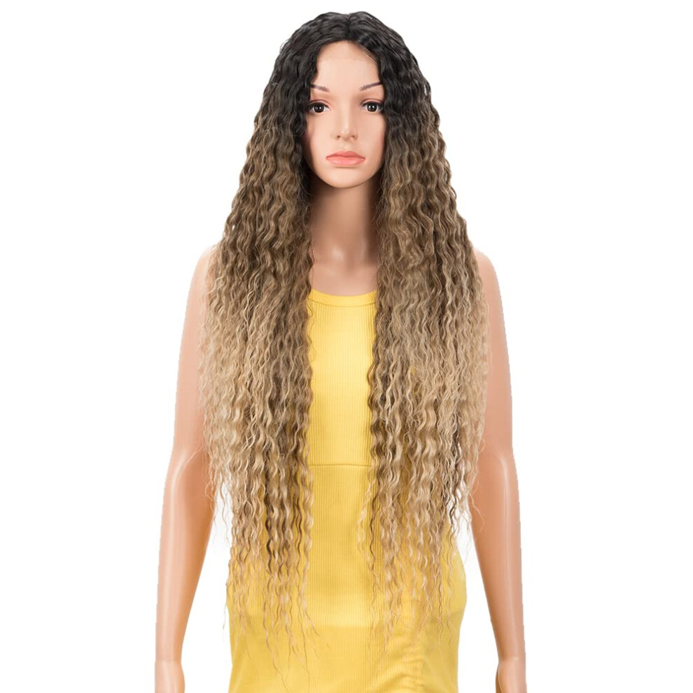 Unisex 36 Inch Ombre Blonde Lace Front Curly Synthetic Wig With Natural Hairline And Middle Part
